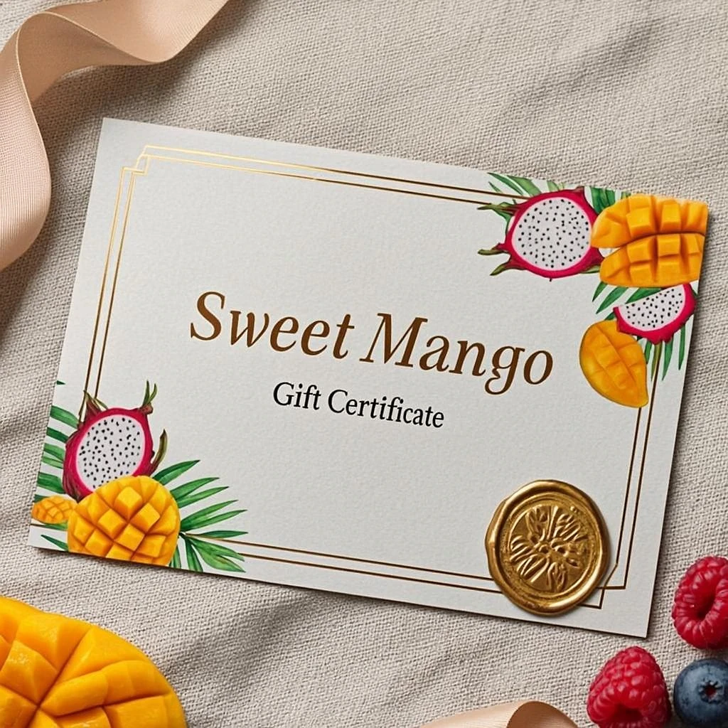 Подарочный сертификат Sweet Mango с фирменным логотипом и сургучной печатью